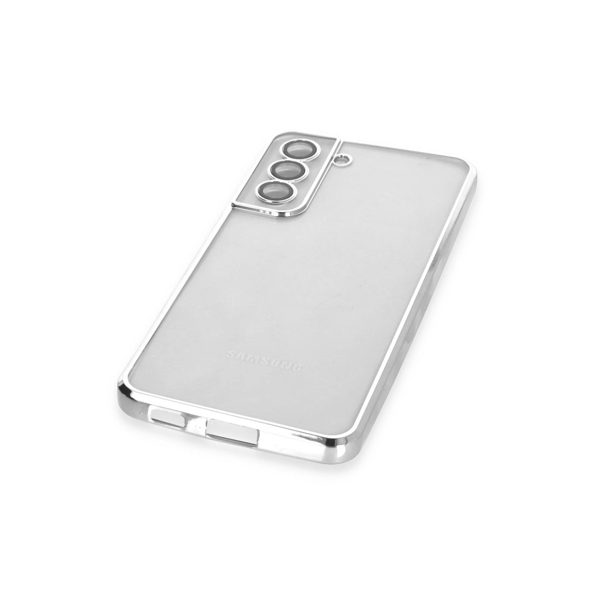 Gümüş kenarlı ve üç kamera lensi açıklıklı şeffaf telefon kılıfı.