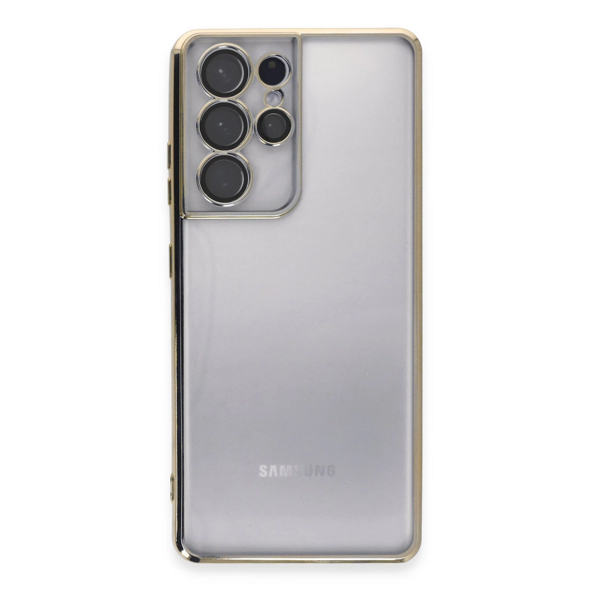 Altın çerçeveli, beş kamera lensli gümüş Samsung akıllı telefonun arka yüzü.