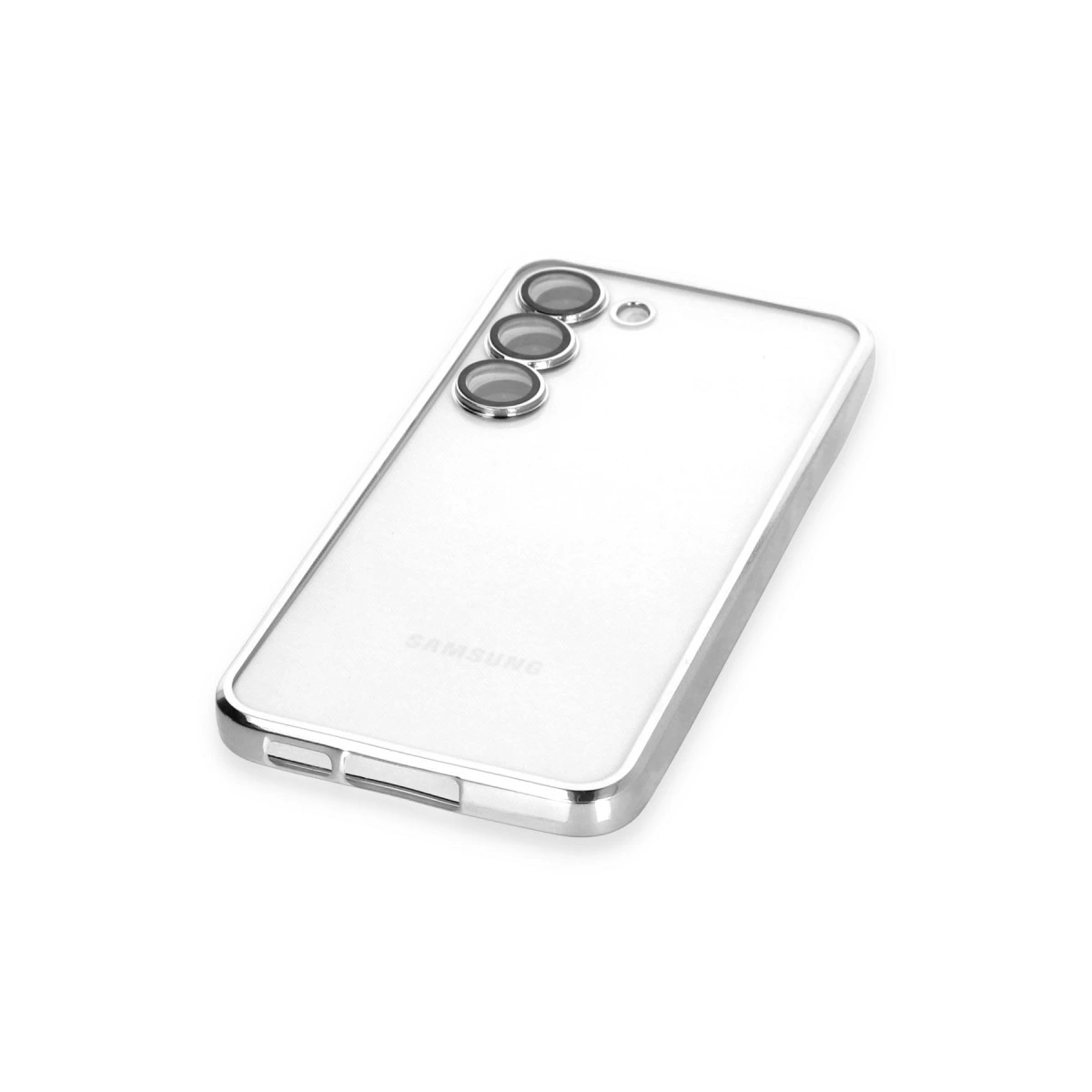 Üç kamera lensli ve gümüş çerçeveli şeffaf telefon kılıfı.