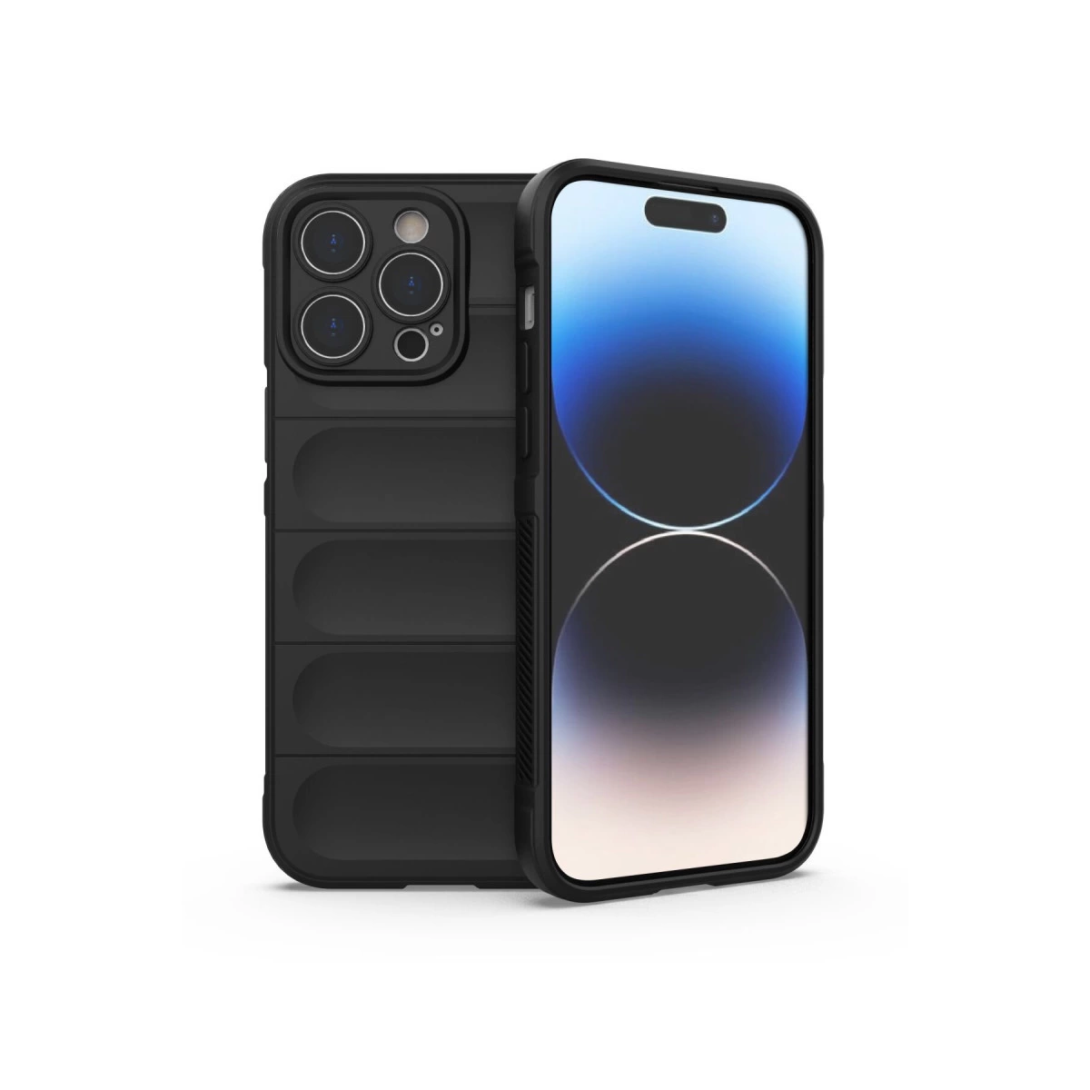 Kamera sistemli ve arkasında nervürlü desenli siyah iPhone.