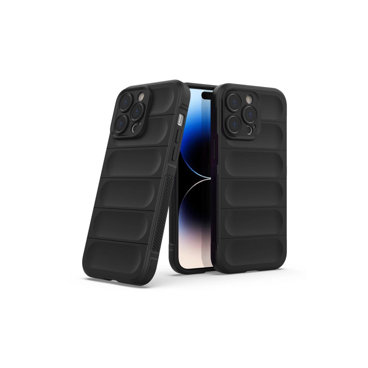Beyaz arka plan üzerinde dolgulu tasarıma sahip iki siyah telefon kılıfı.
