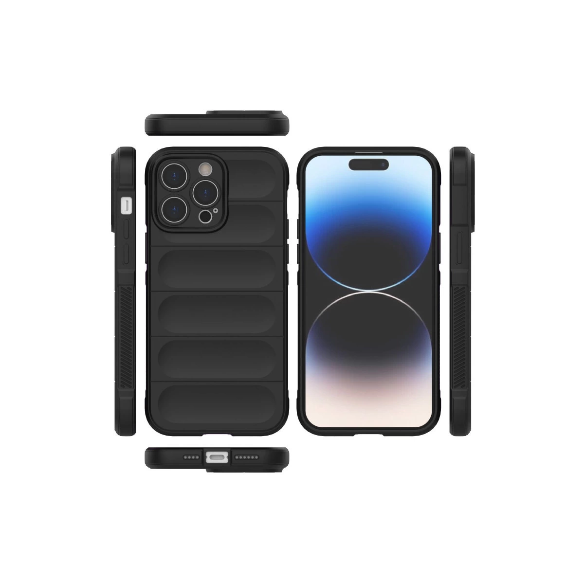 Kamera korumalı siyah telefon kılıfı ve iPhone ekranı.