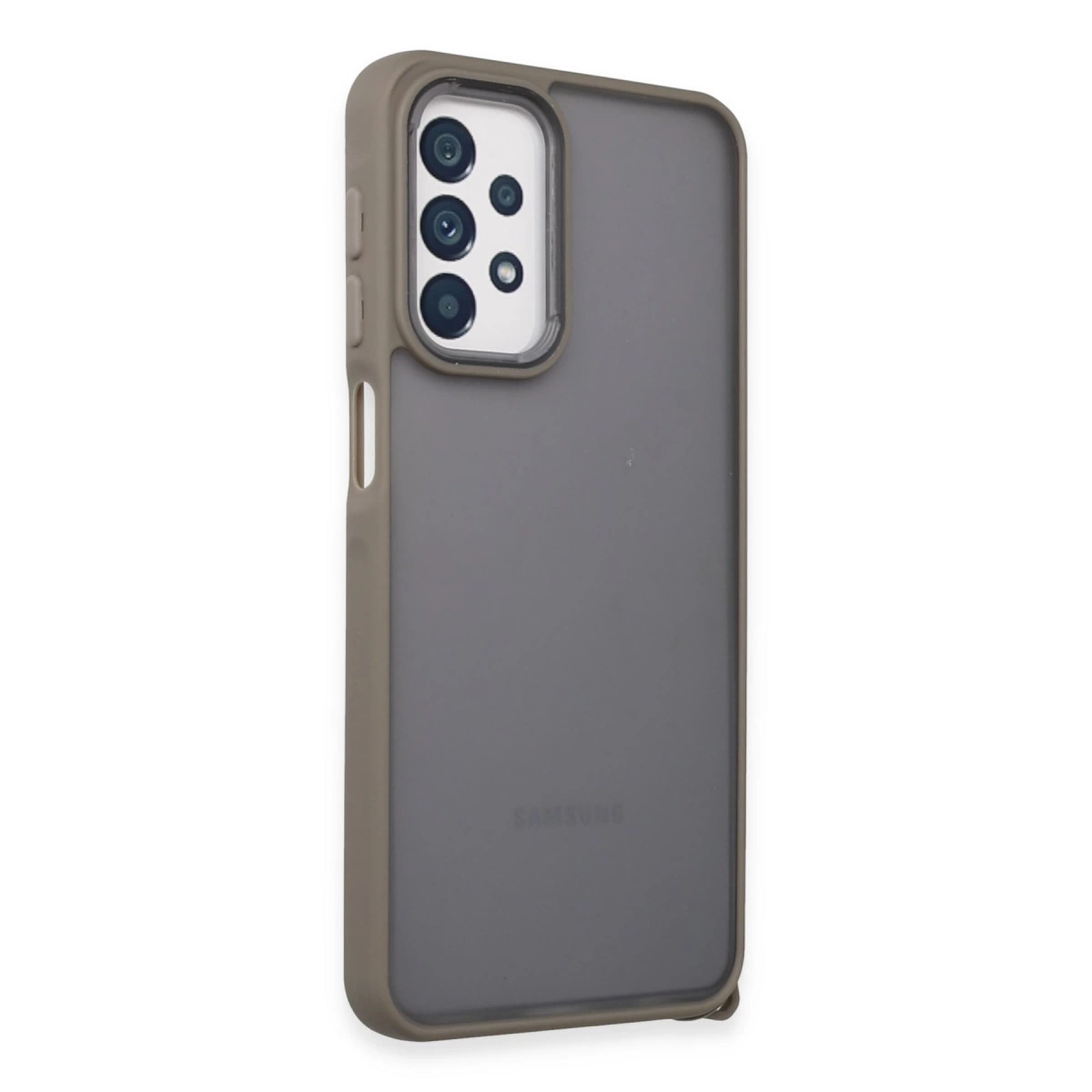 Beş lens gösteren dikdörtgen kamera modülüne sahip gri telefon kılıfı.