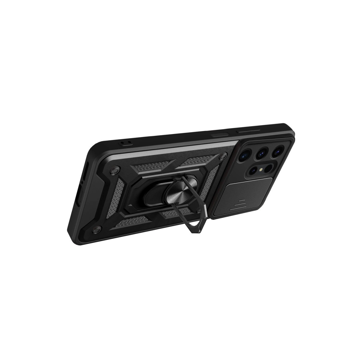 Halka tutuculu ve kamera kapaklı siyah telefon kılıfı.