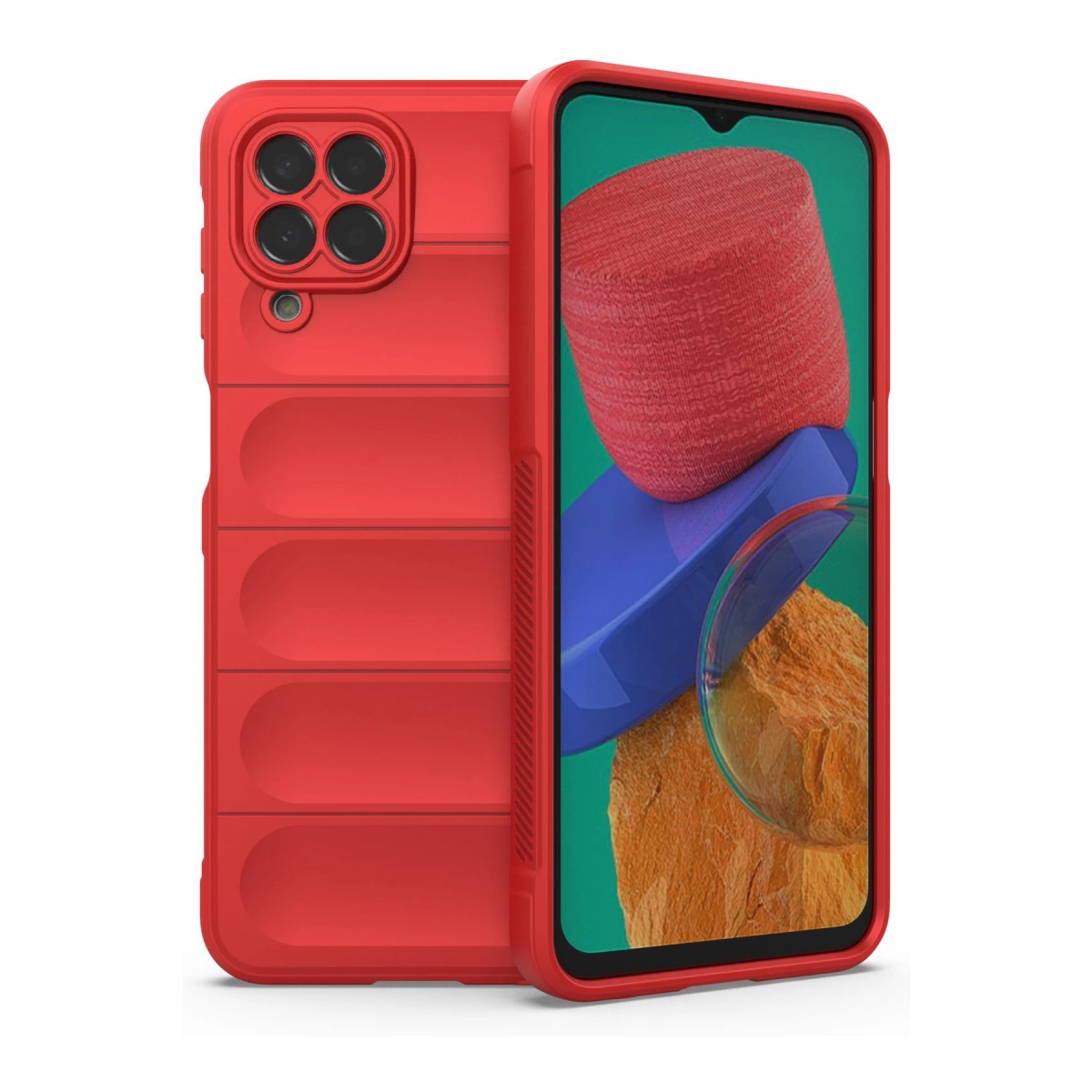 Kapitone tasarımlı ve kamera korumalı kırmızı telefon kılıfı.
