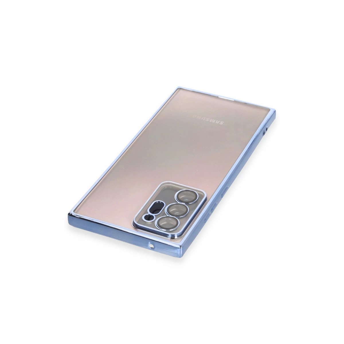Mavi çerçeveli bronz Samsung telefon beyaz zeminde duruyor.