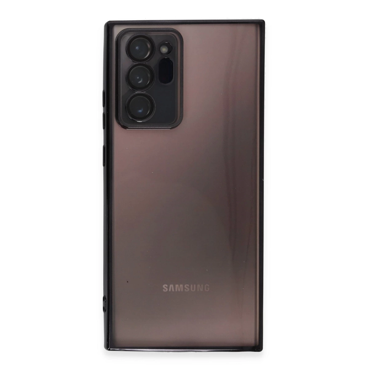 Kamera lensleri ve logosu olan koyu renkli Samsung akıllı telefonun arkası.