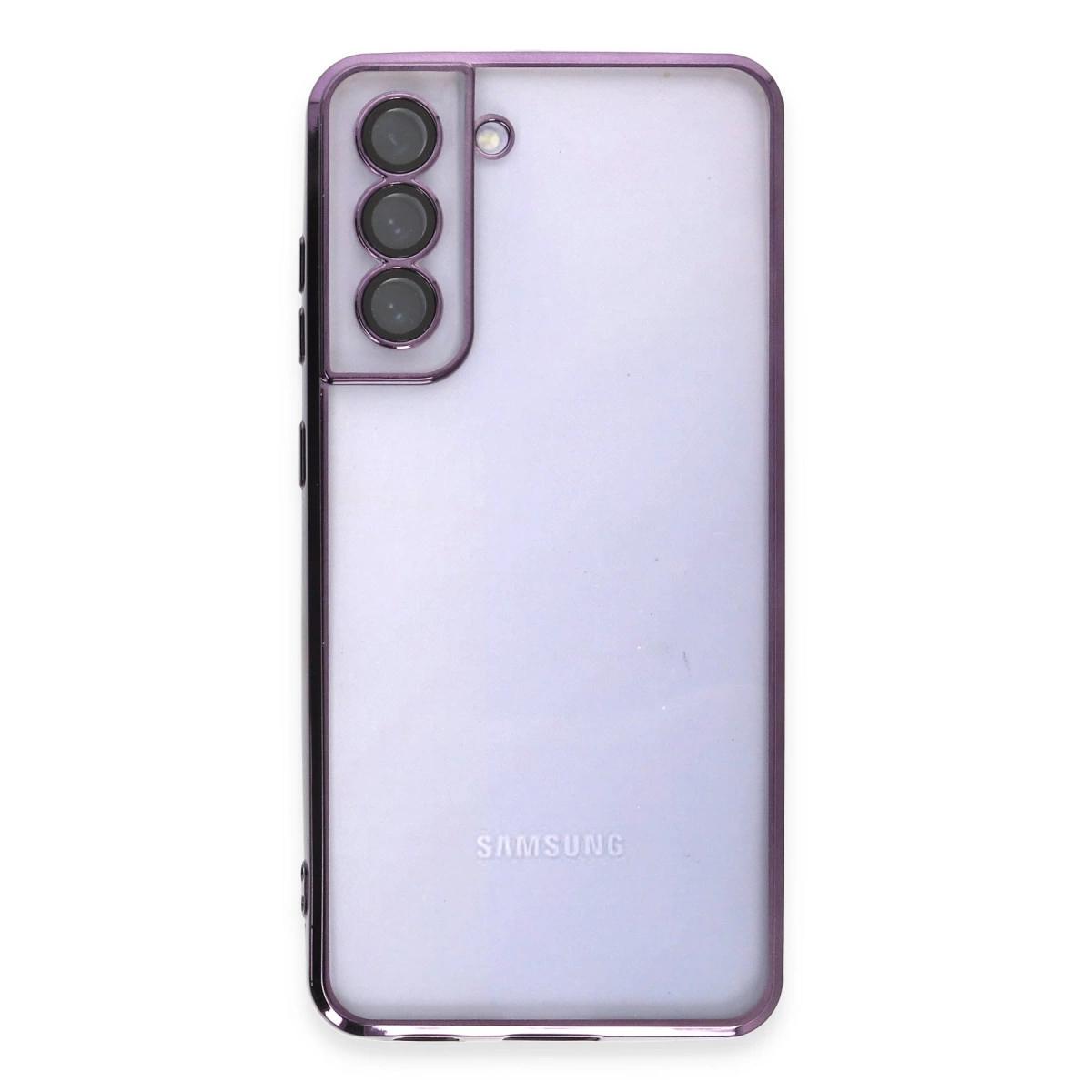 Arkada üç kamera ve flaşlı mor Samsung telefon.