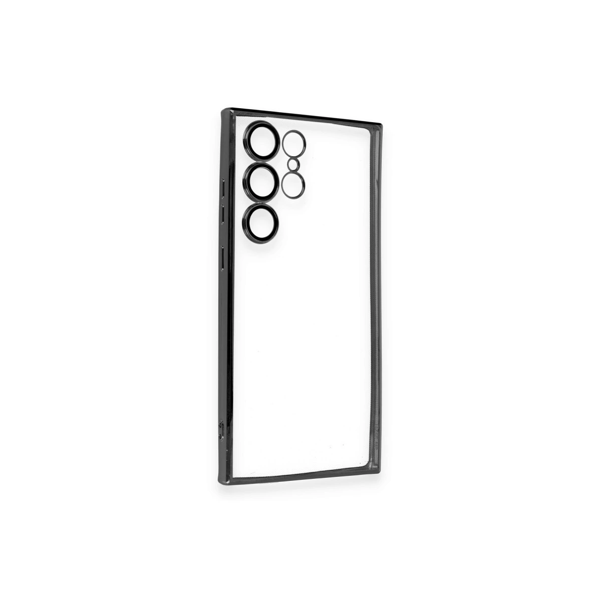 Siyah kenarlı ve dört lens açıklıklı şeffaf telefon kılıfı.