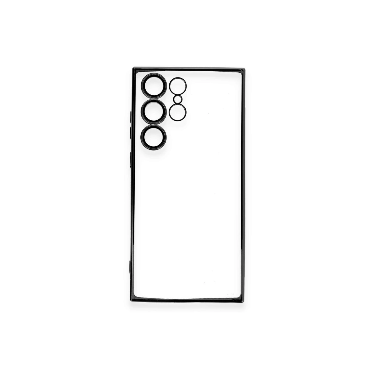 Kamera lensleri için siyah halkalı şeffaf telefon kılıfı.