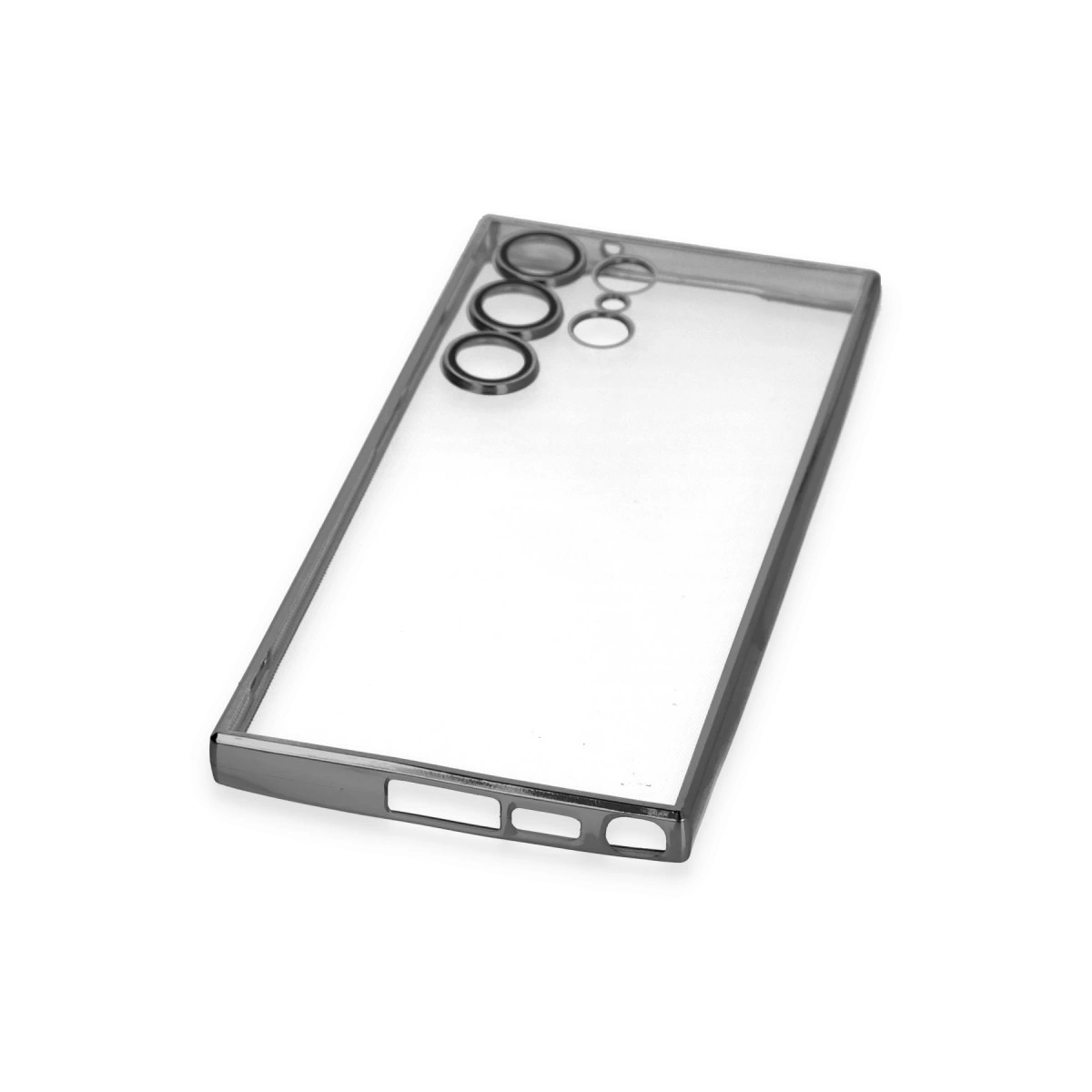 Koyu kenarlı ve kamera kesimli şeffaf telefon kılıfı.