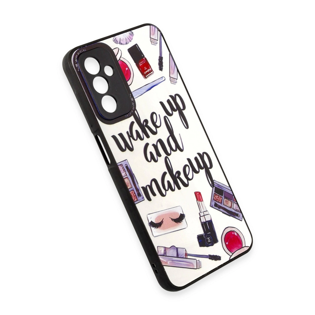 Kozmetik desenli 'wake up and makeup' yazılı telefon kılıfı.