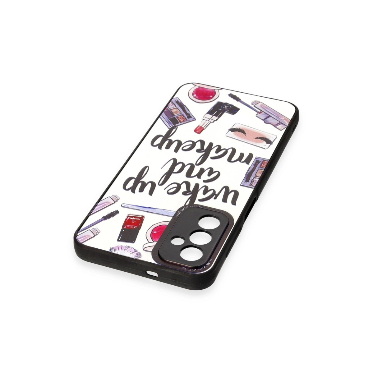 Telefon kılıfı üzerinde "Wake up and makeup" yazısı ve makyaj çizimleri.