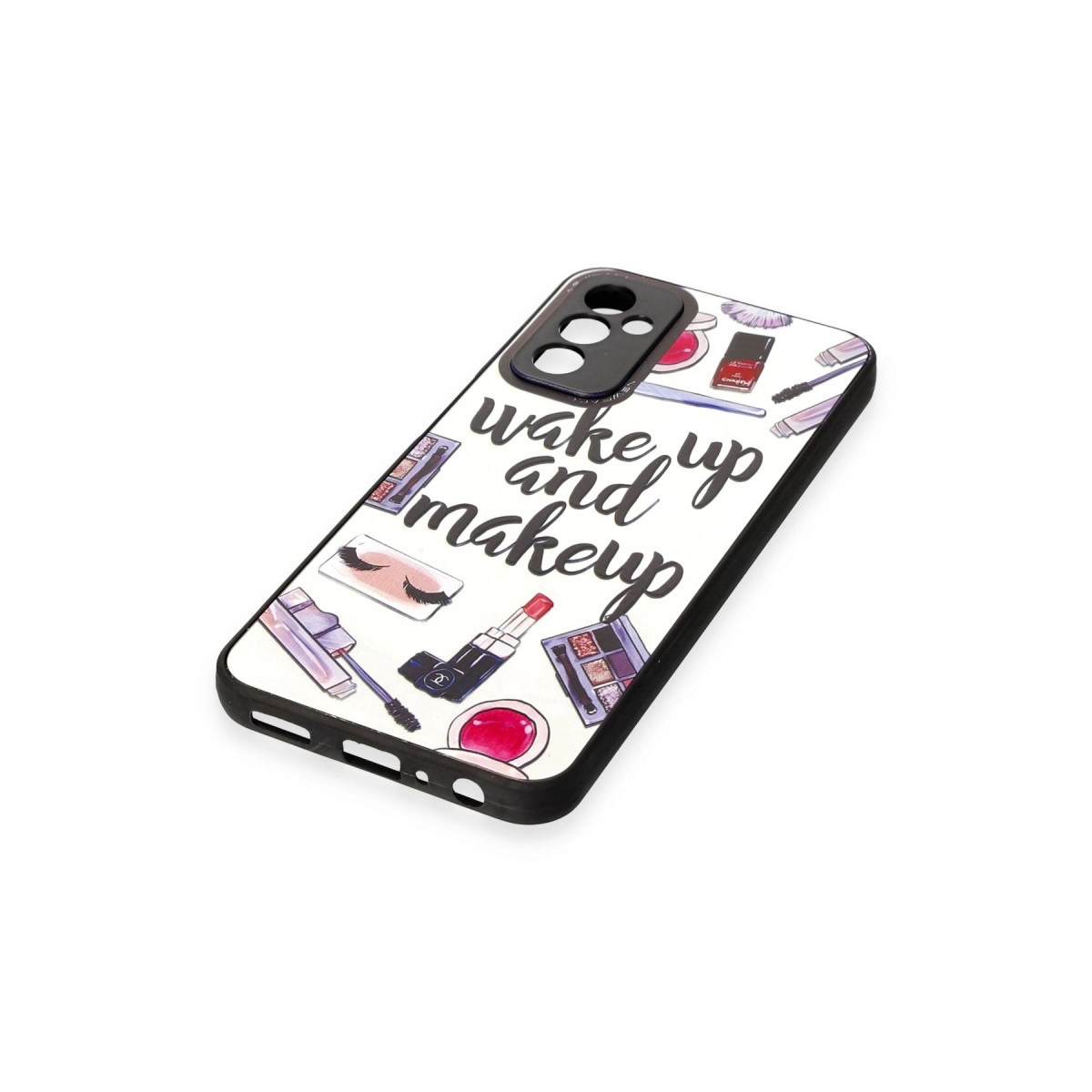 "Wake up and makeup" yazılı ve kozmetik çizimli telefon kılıfı.
