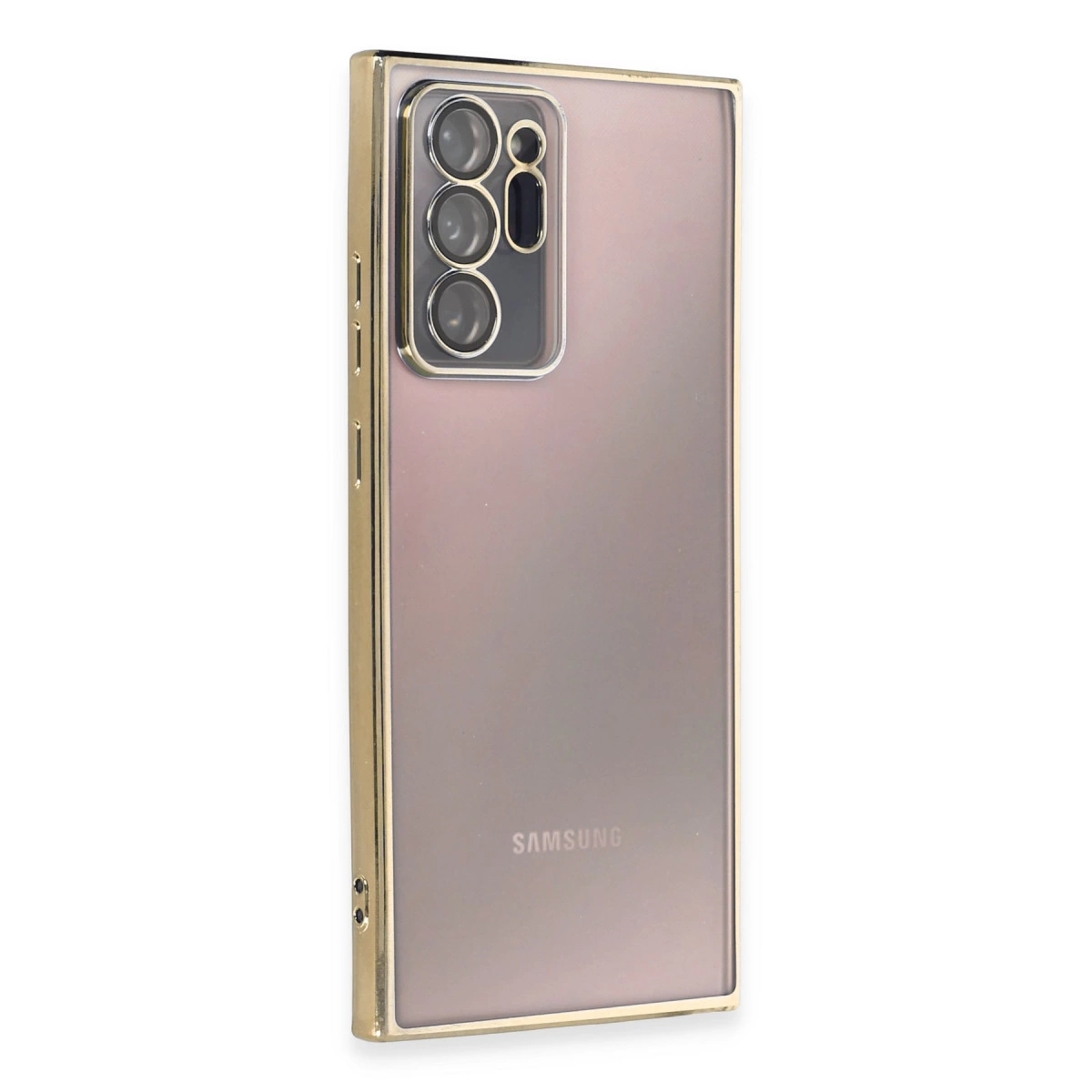 Dört kamera lensli ve altın çerçeveli akıllı telefonun arkası.