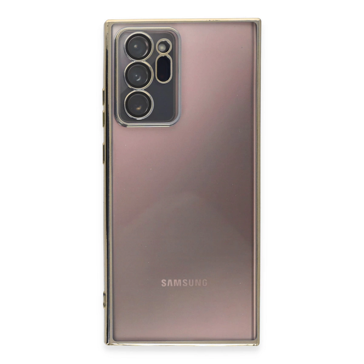 Dörtlü kamera dizilimine sahip bronz Samsung akıllı telefonun arkası.