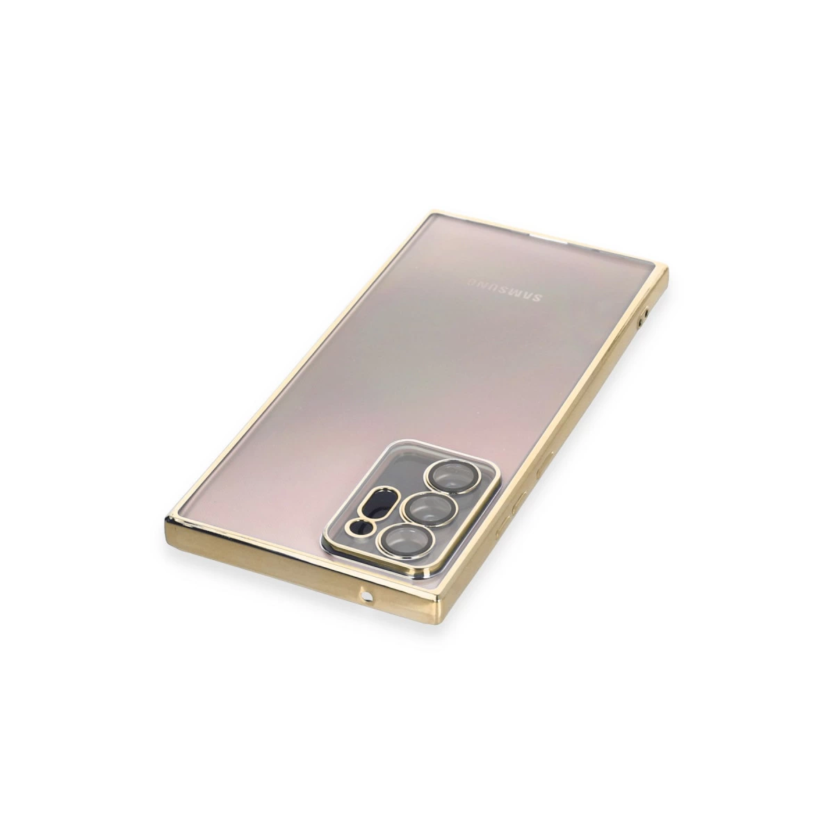 Altın çerçeveli şeffaf arka Samsung telefon kılıfı, kamera lenslerini gösteriyor.
