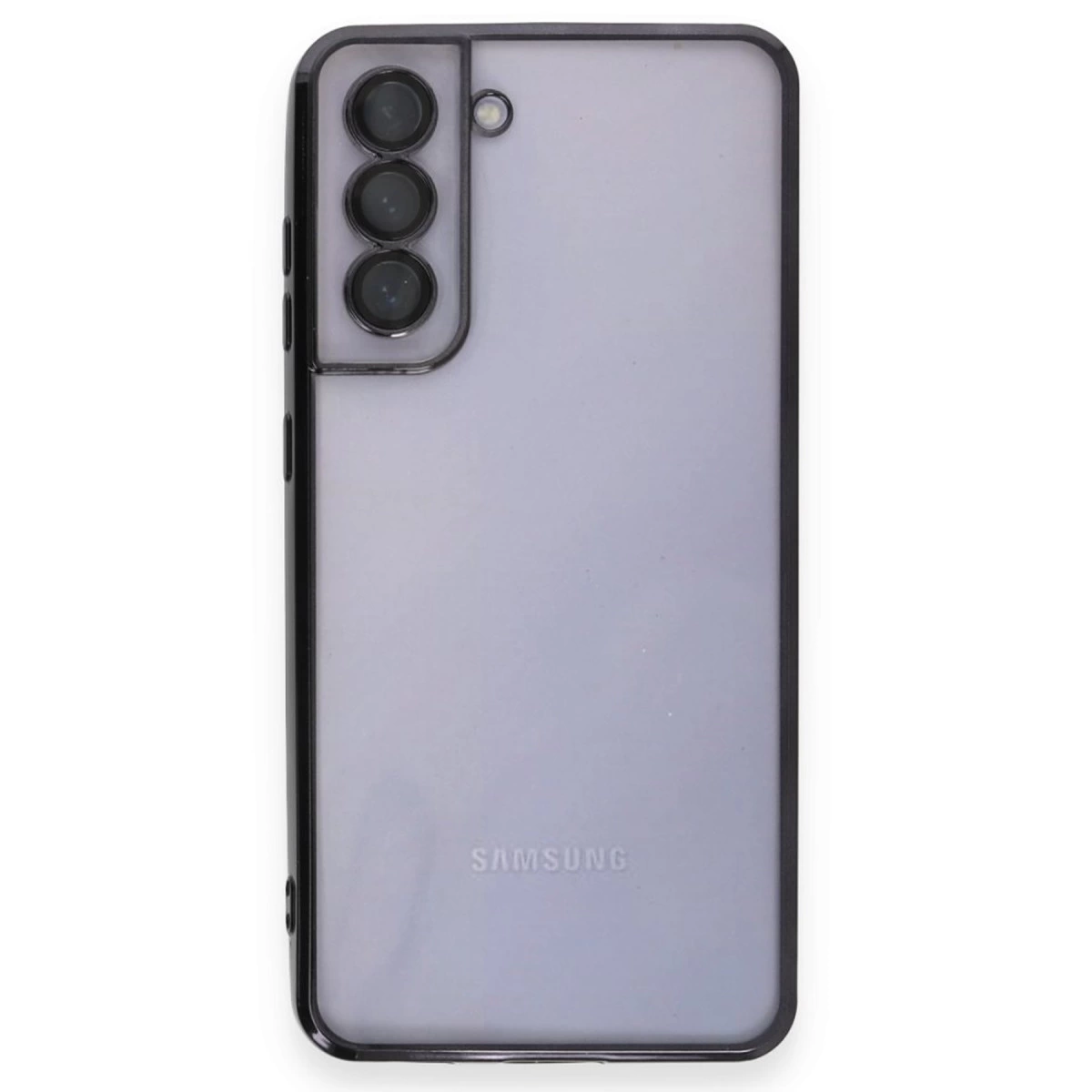 Üç kameralı, siyah çerçeveli mor Samsung akıllı telefon.