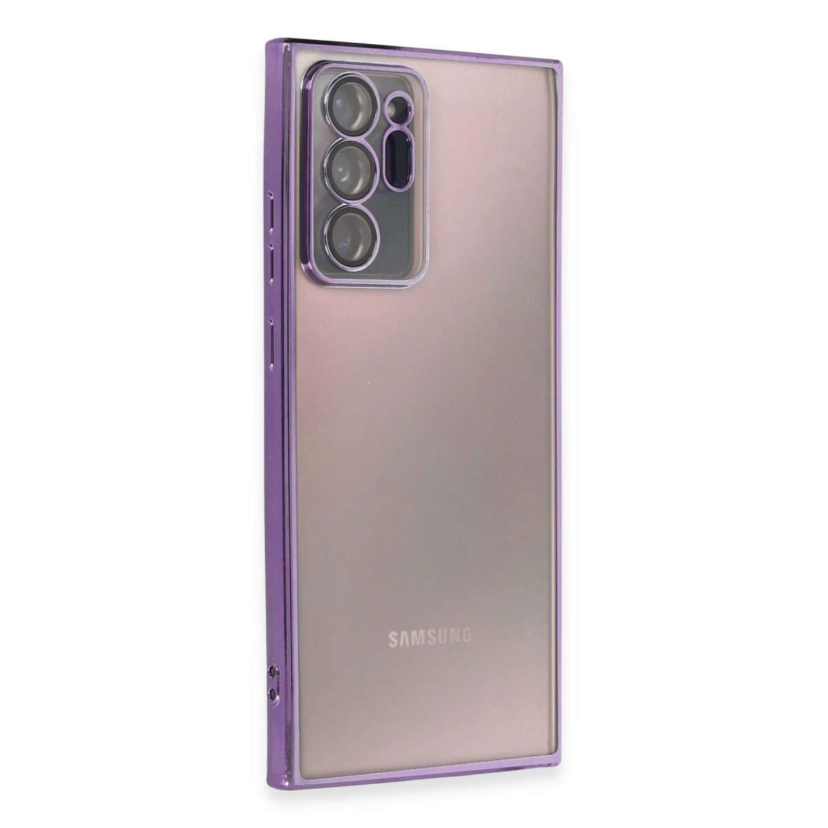 Arkada dörtlü kamera bulunan Samsung akıllı telefon için mor kılıf.