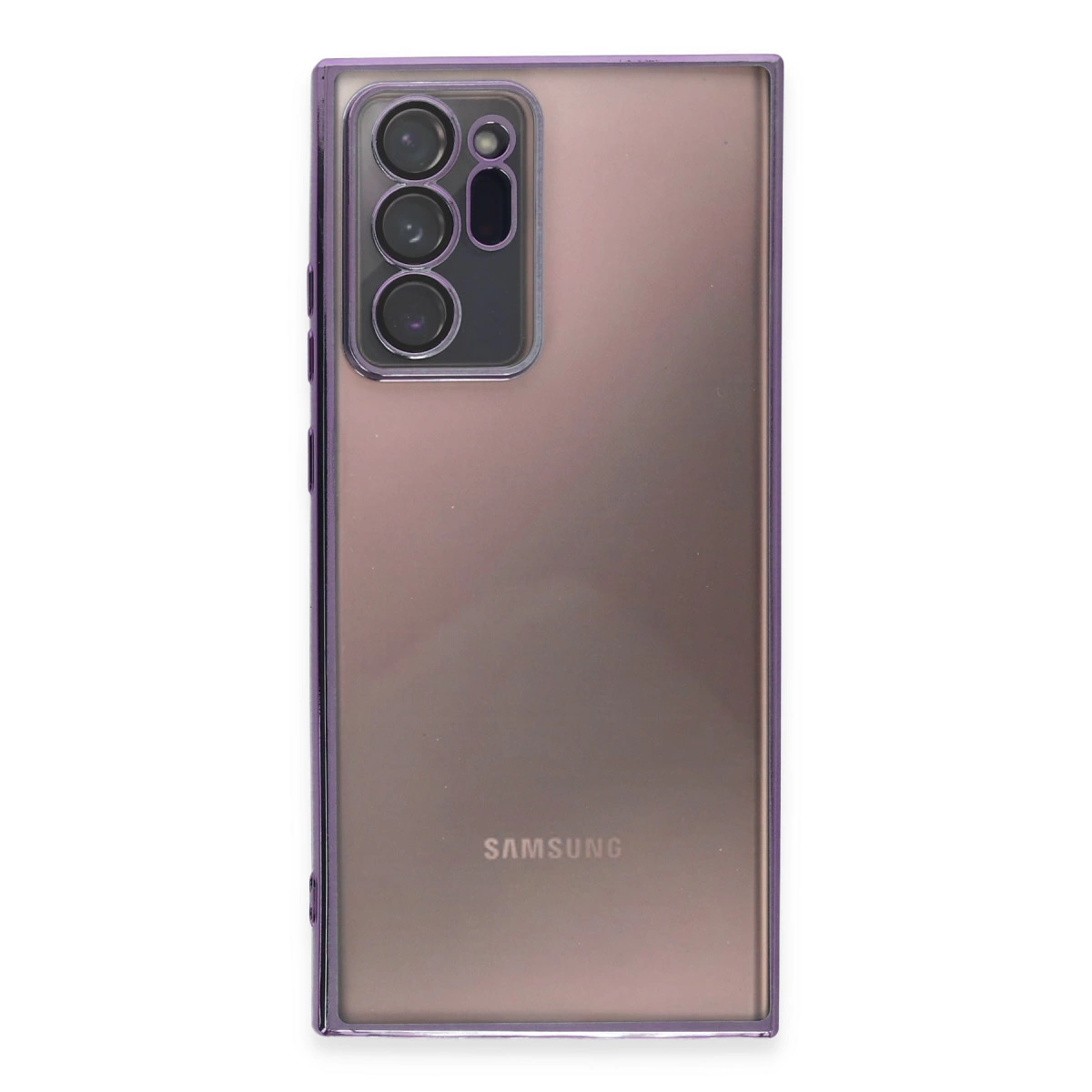 Dört kameralı mor Samsung telefonun arkası ve Samsung logosu.