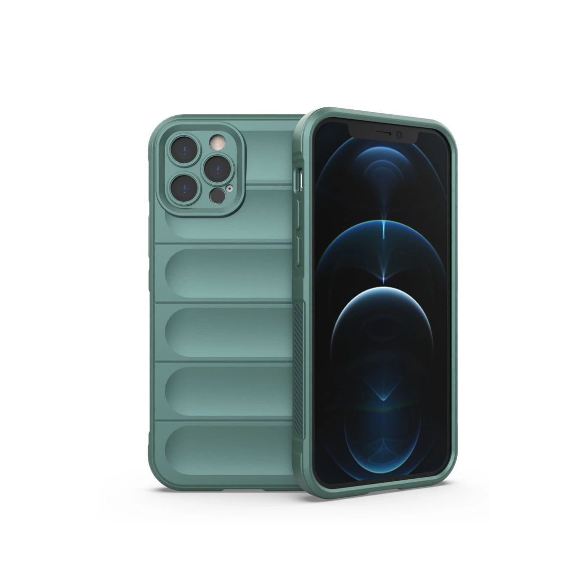 Yeşil iPhone, oluklu arkası ve kamera dizisiyle.
