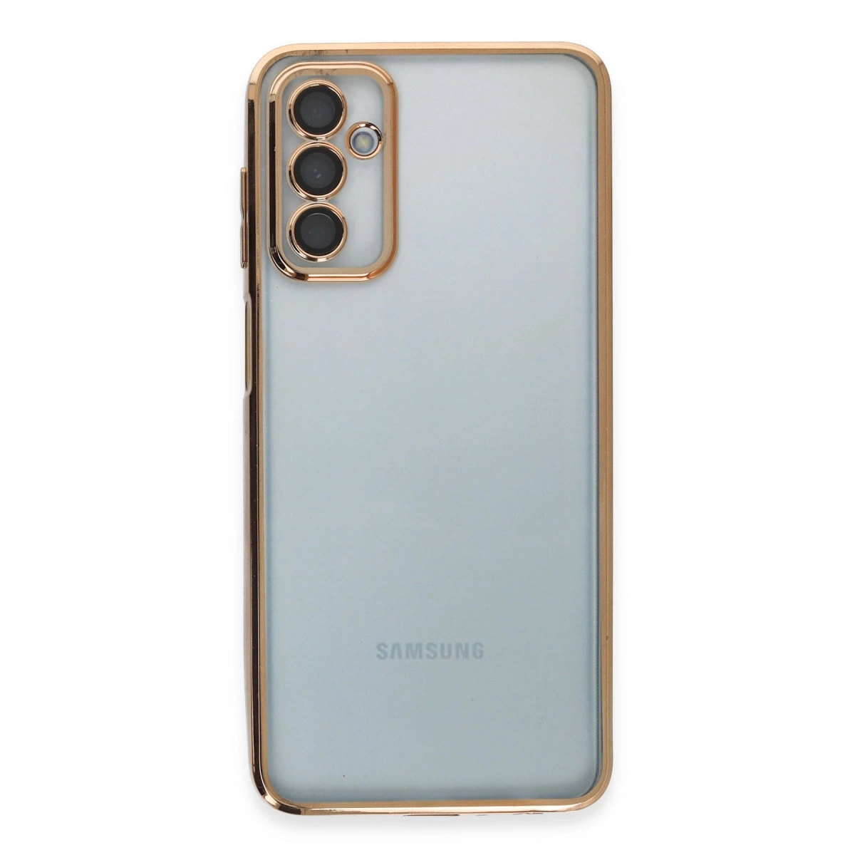 Altın çerçeveli ve üç kameralı açık gri telefon.