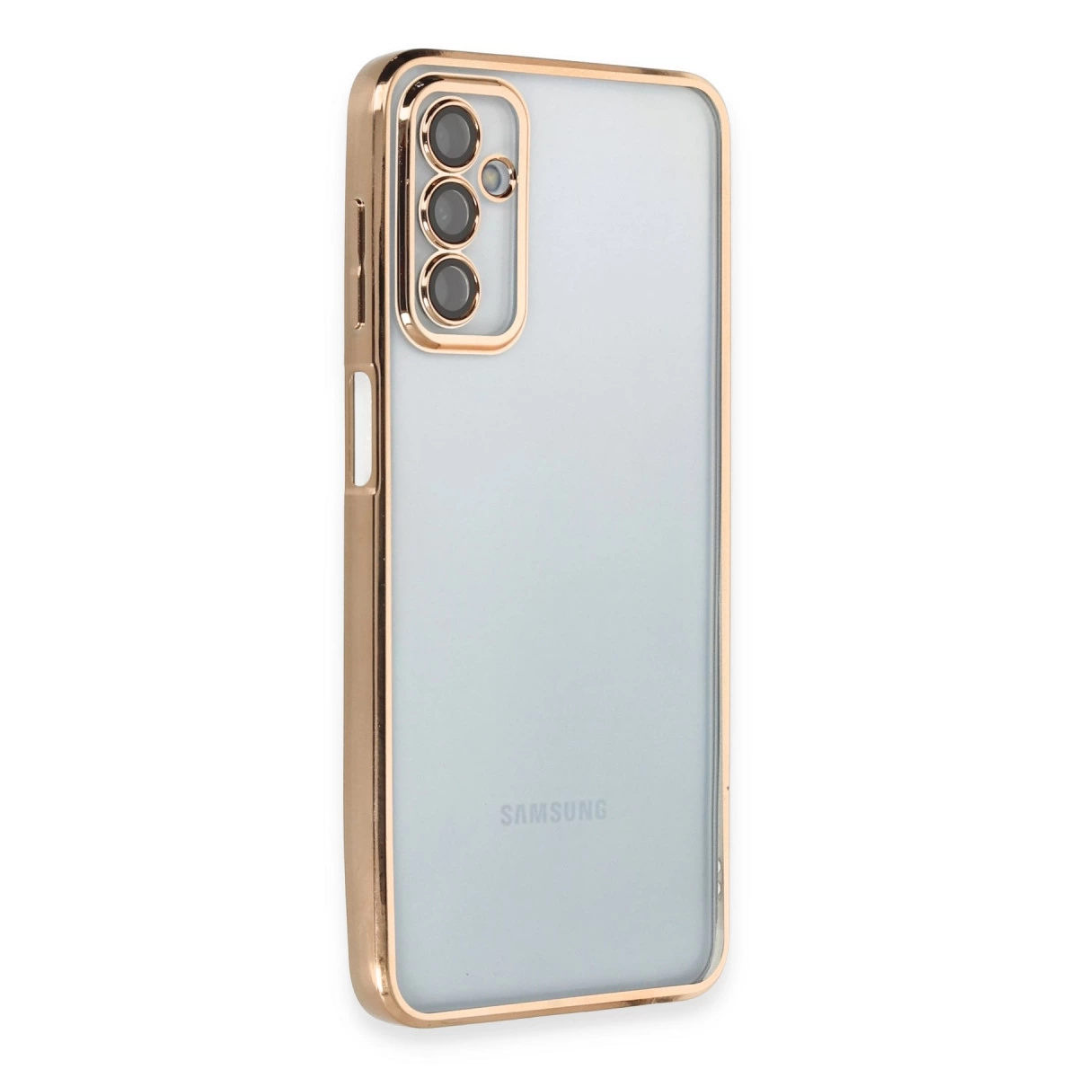 Altın çerçeveli ve kamera kesimli şık, şeffaf telefon kılıfı.