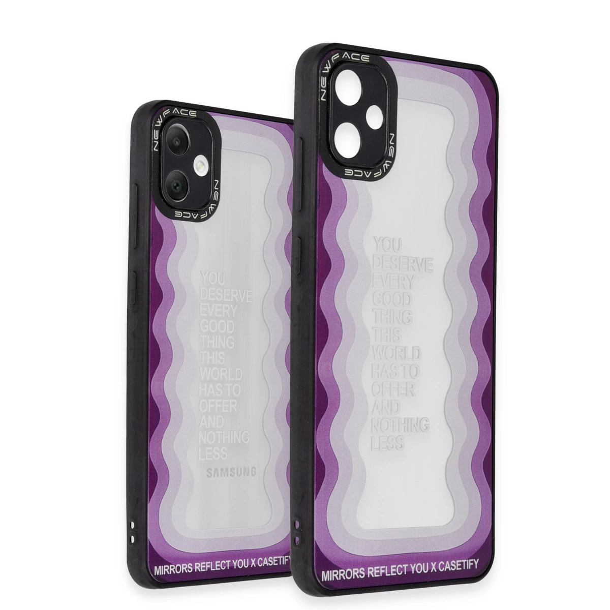 Dalgalı desenli ve ilham verici yazılı iki mor iPhone kılıfı.