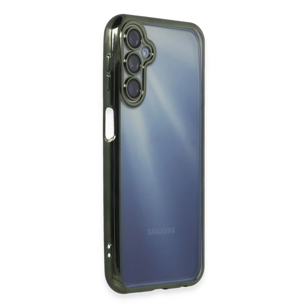 Üç kamera lensi gösteren, koyu kenarlı şeffaf telefon kılıfı.