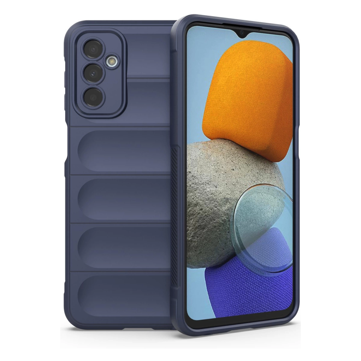 Kanallı koyu mavi telefon kılıfı ve renkli duvar kağıdı gösteren bir telefon.