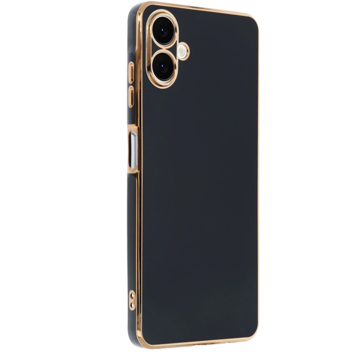 Altın kenarlı, iki kamera lensli koyu gri telefon kılıfı.