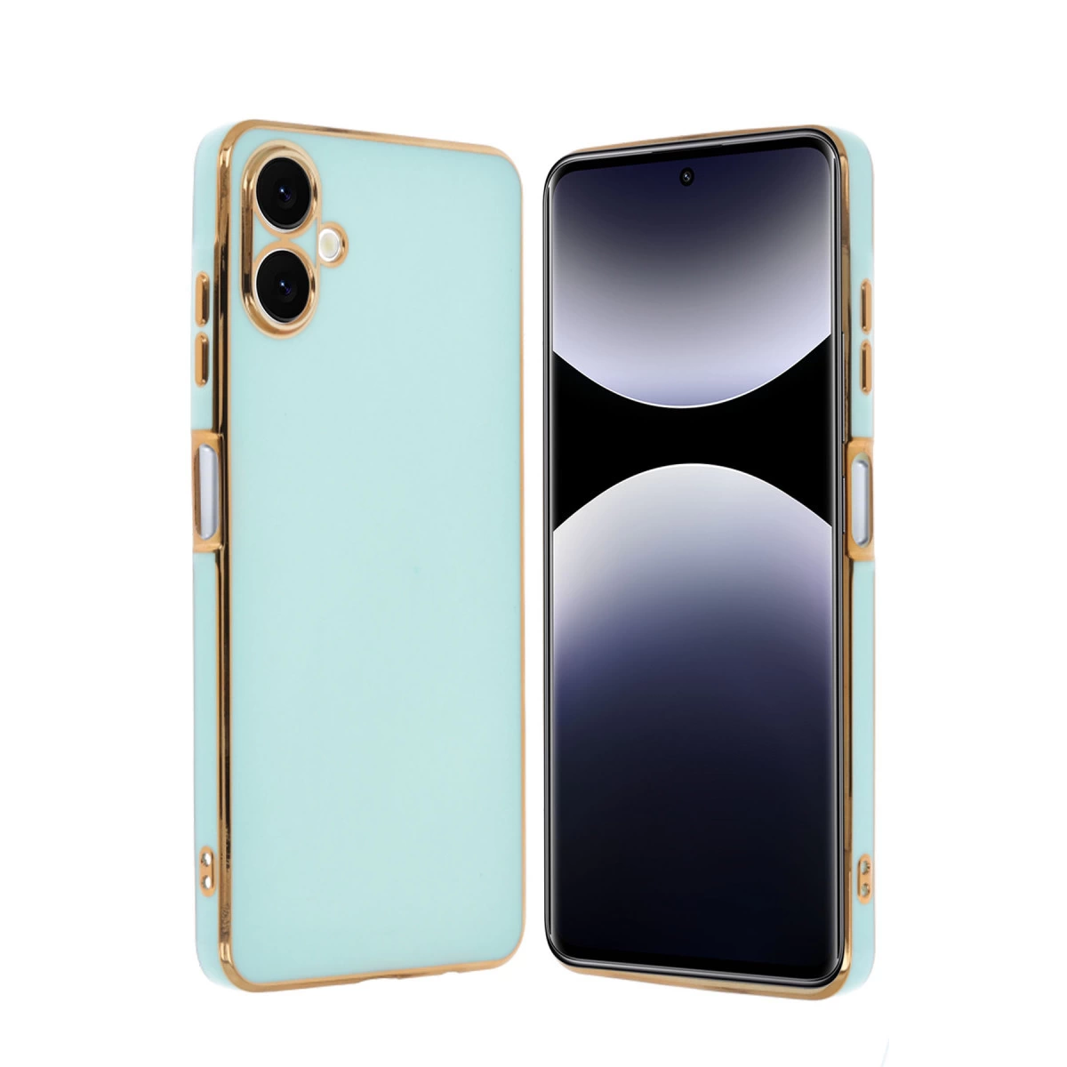 Altın süslemeli açık mavi telefon kılıfı, ön ve arka görünüm.
