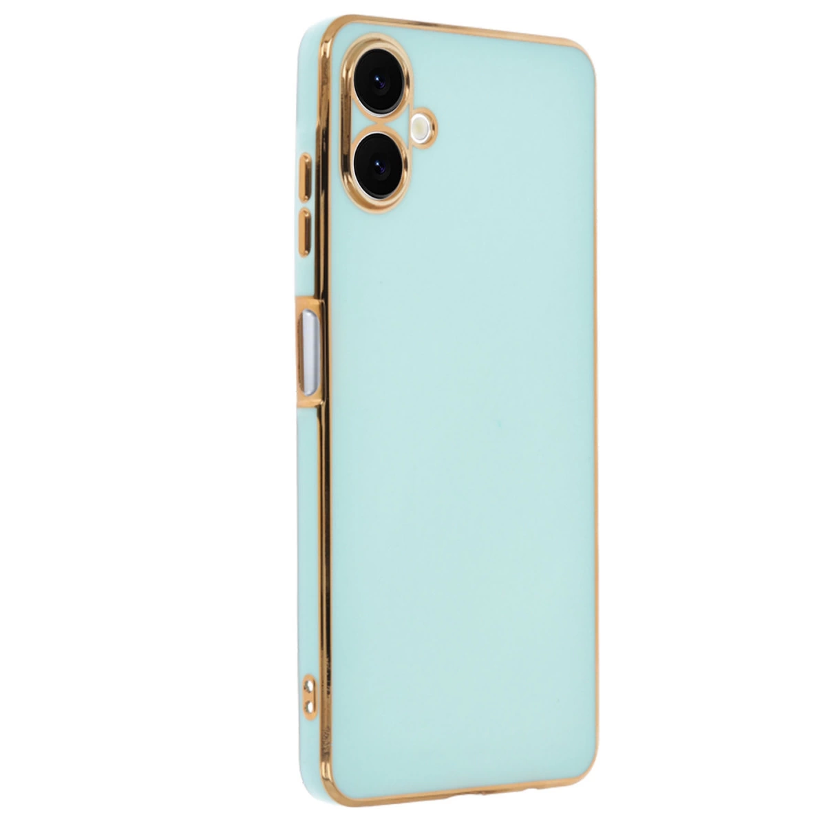 Altın kenarlı, iki kamera lensli açık mavi telefon kılıfı.