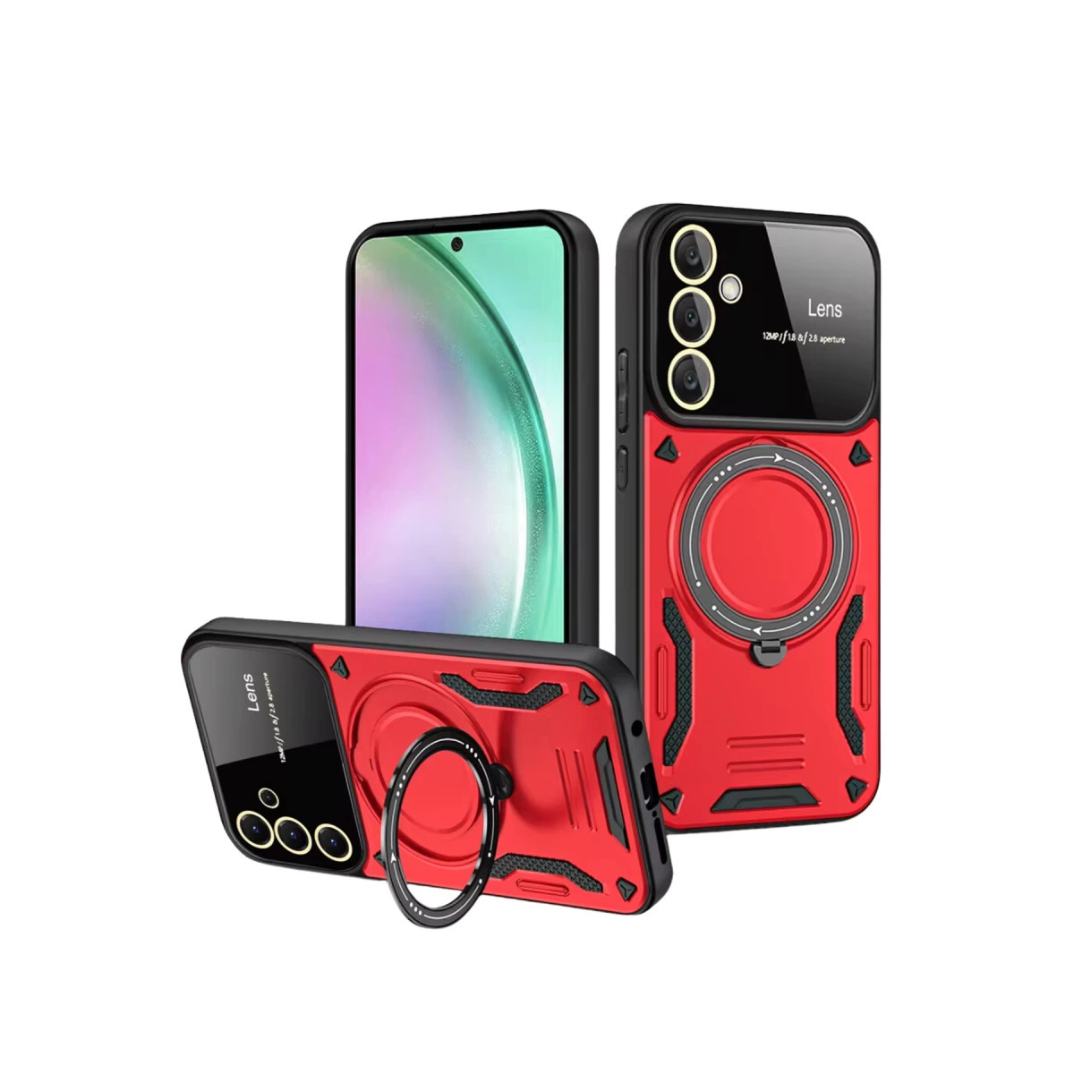 Kamera lens detayları ve halka tutucuları olan üç kırmızı telefon kılıfı beyaz arka planda.