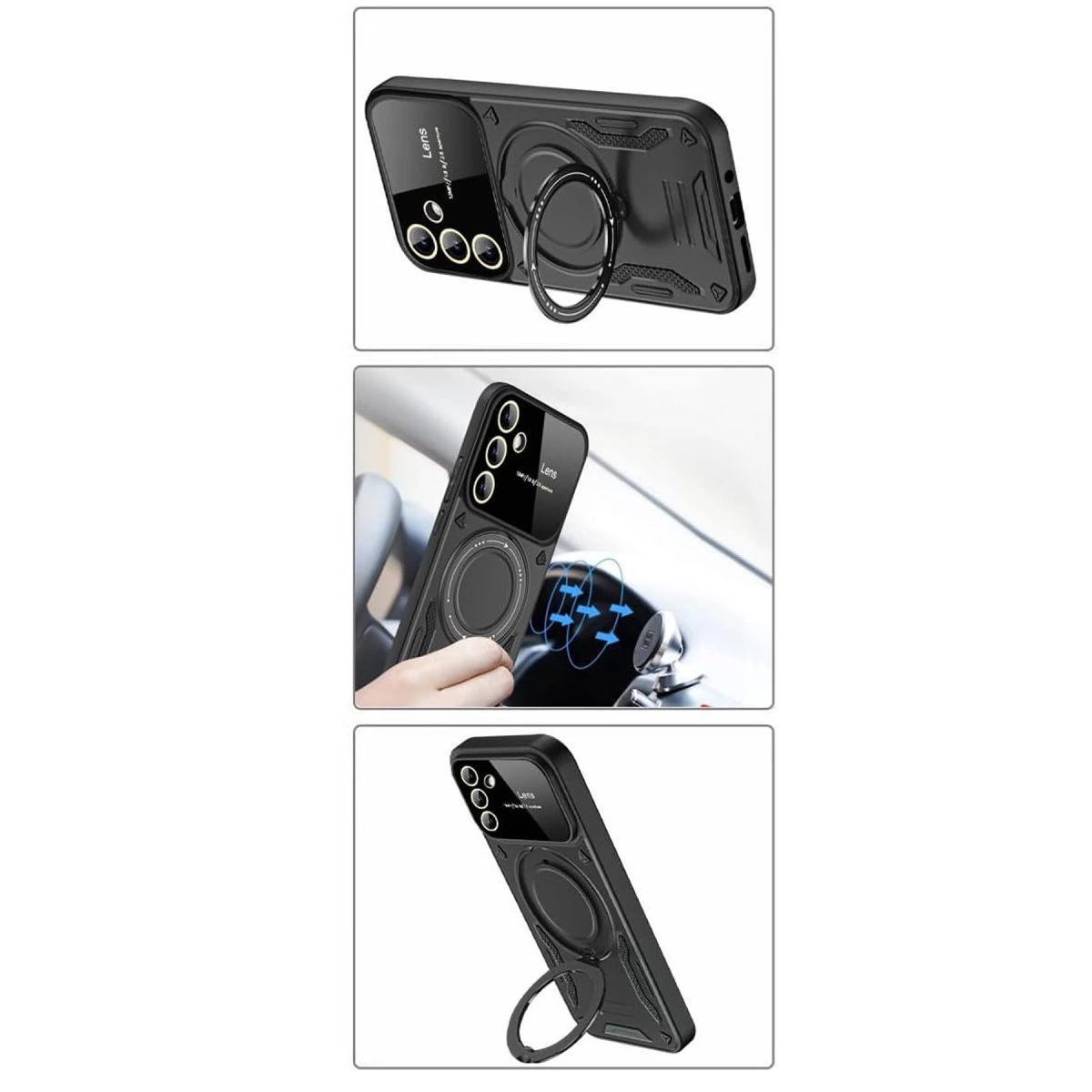 Halka tutuculu ve lens korumalı siyah telefon kılıfı. Manyetik işlevi gösterir.