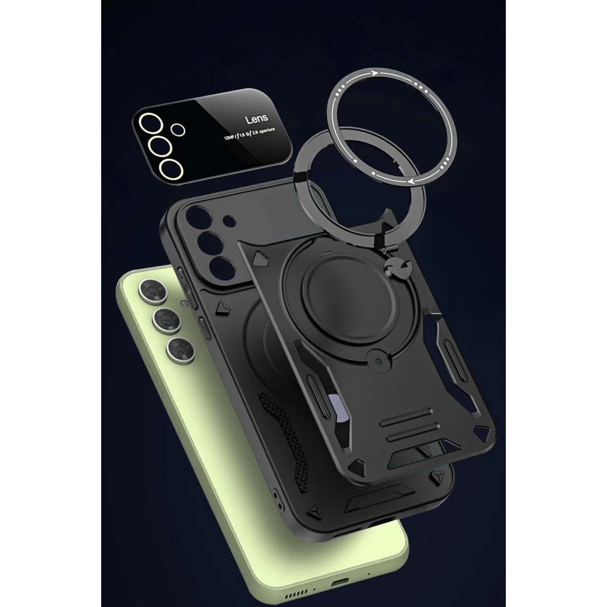 Siyah ve açık yeşil telefon kılıfı ve lens koruyucusunun soyut görünümü.