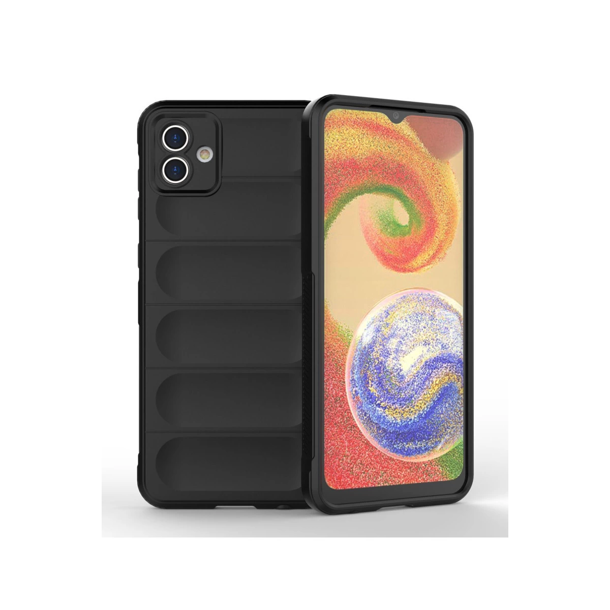 Kanallı arkası ve renkli ekranı olan siyah telefon.
