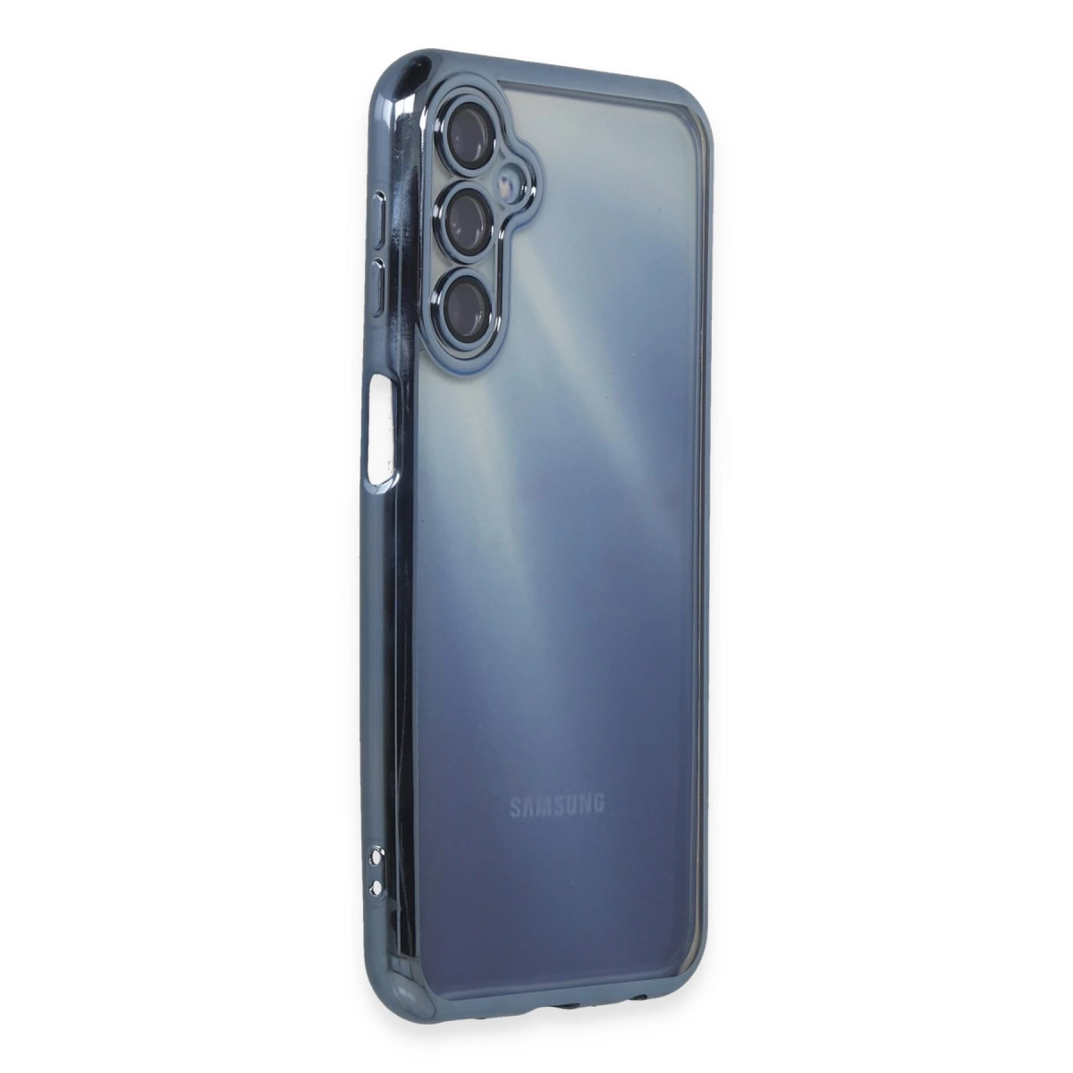 Arkada üç kamera lensi bulunan koyu, yarı saydam telefon kılıfı.