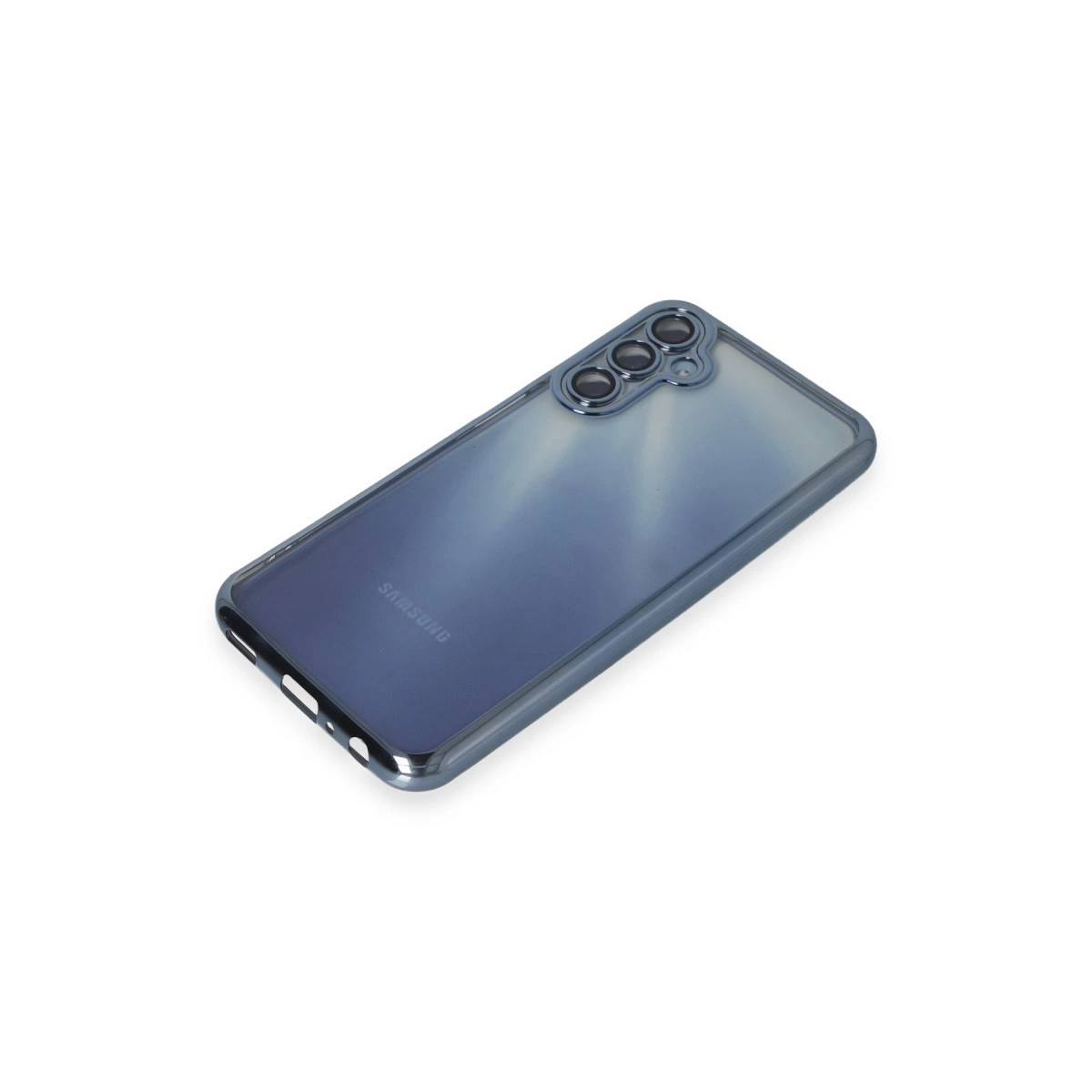 Arkada üç kamerası olan şeffaf Samsung telefon.