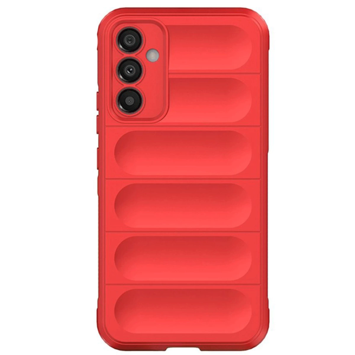 Yatay oluklu ve kamera modüllü kırmızı telefon kılıfı.