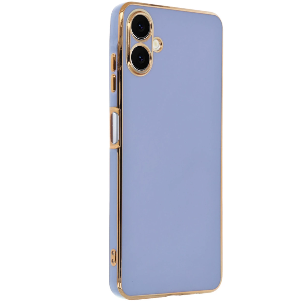 Altın çerçeveli, iki kamera lensli açık mor telefon kılıfı.
