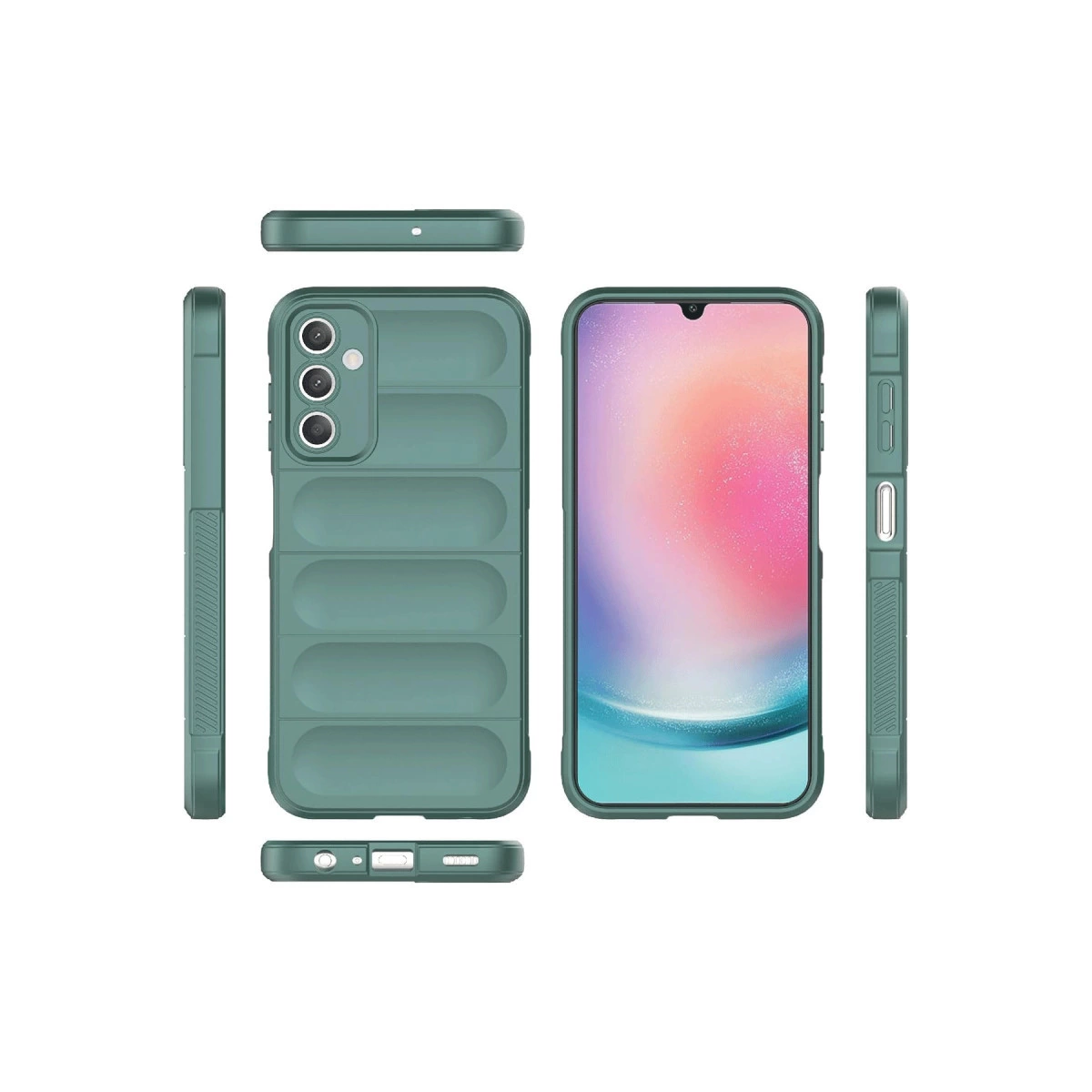 Akıllı telefonlu yeşil telefon kılıfı çeşitli açılardan.