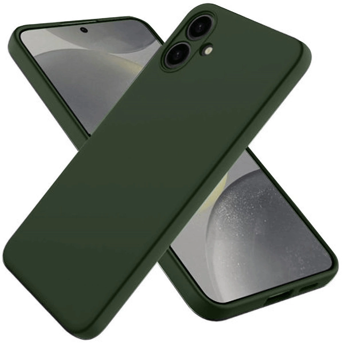 İki kameralı bir akıllı telefonun üzerine yerleştirilmiş koyu yeşil telefon kılıfı.