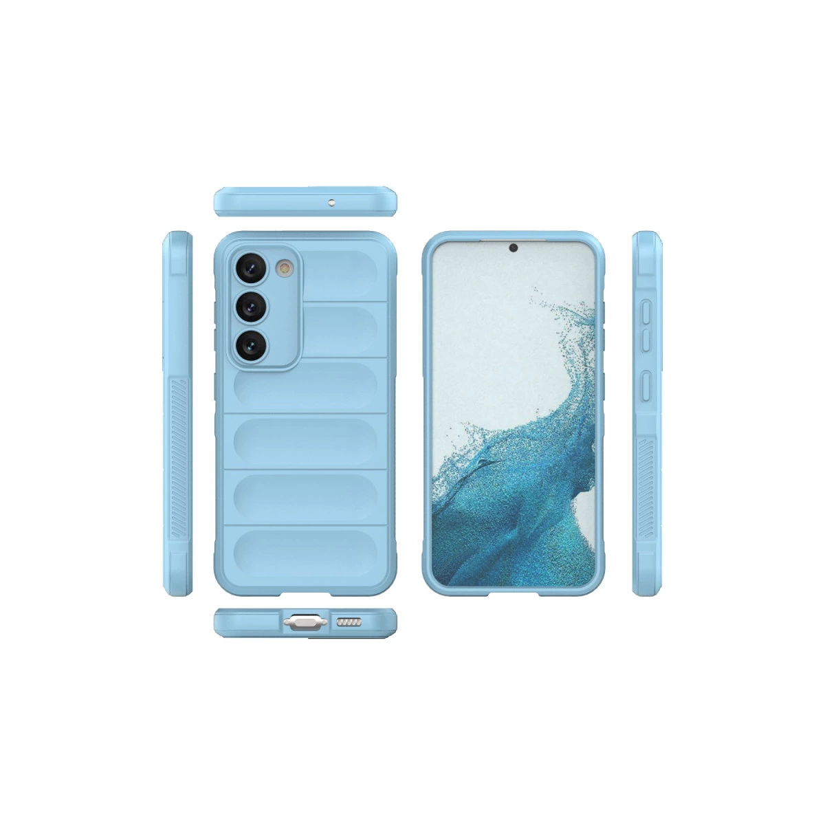 Arkada üç kamerası olan, oluklu desenli açık mavi telefon kılıfı.