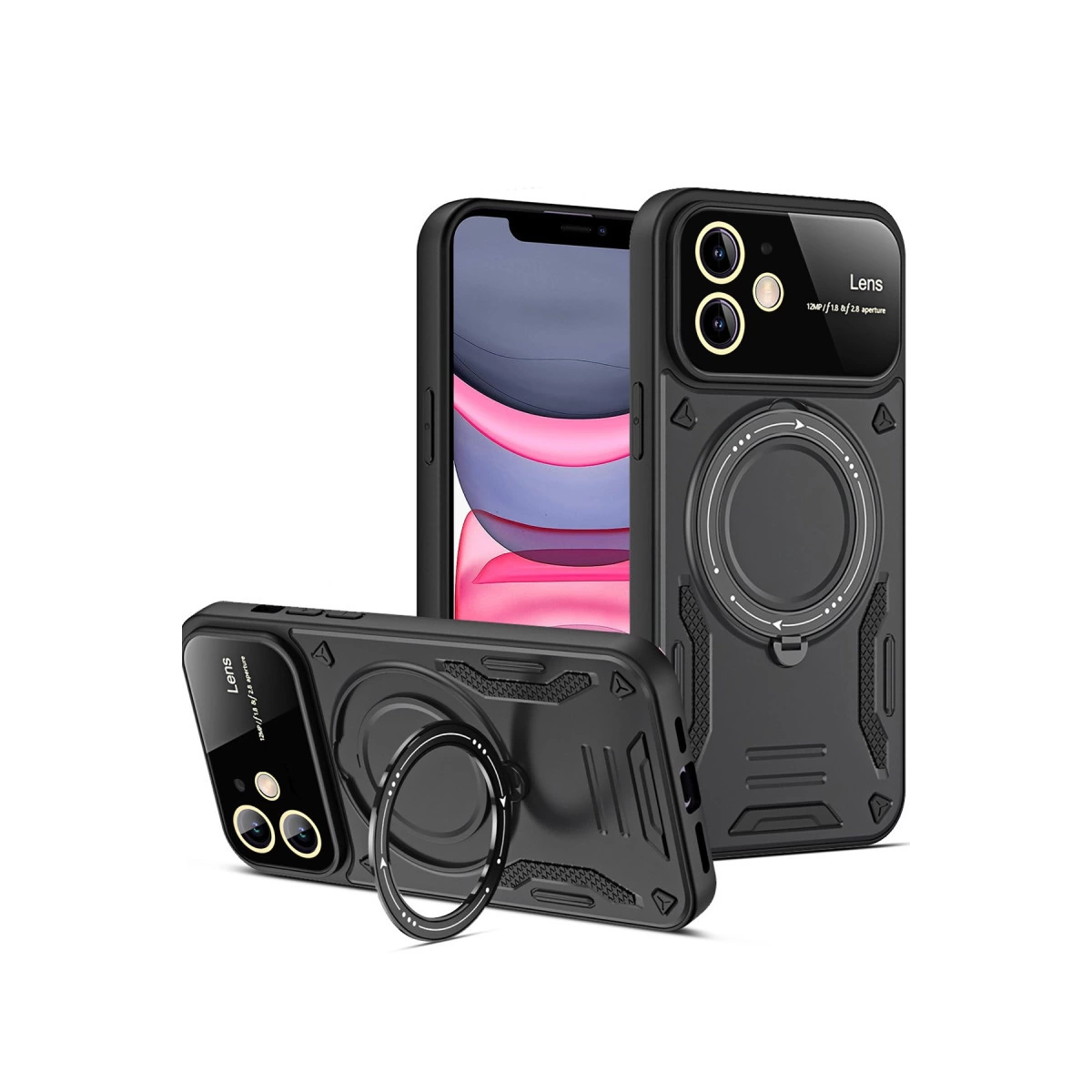Halka tutuculu ve kamera kesimli siyah telefon kılıfı, beyaz arka plan.