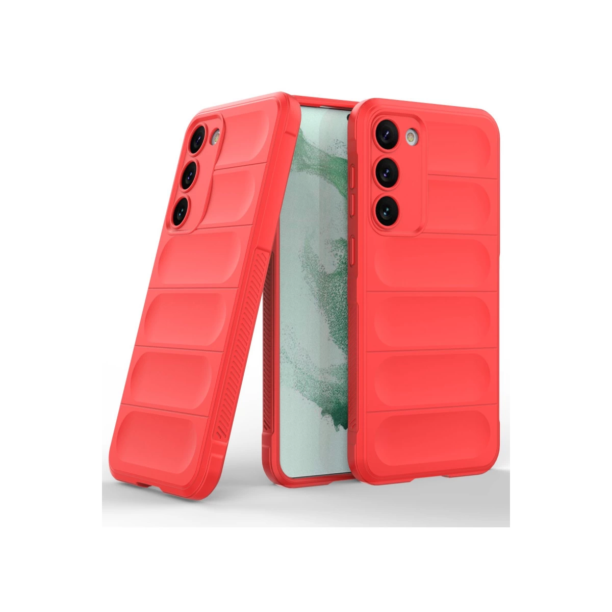 Kanallı desene sahip iki kırmızı telefon kılıfı, biri kamerayı gösteriyor.