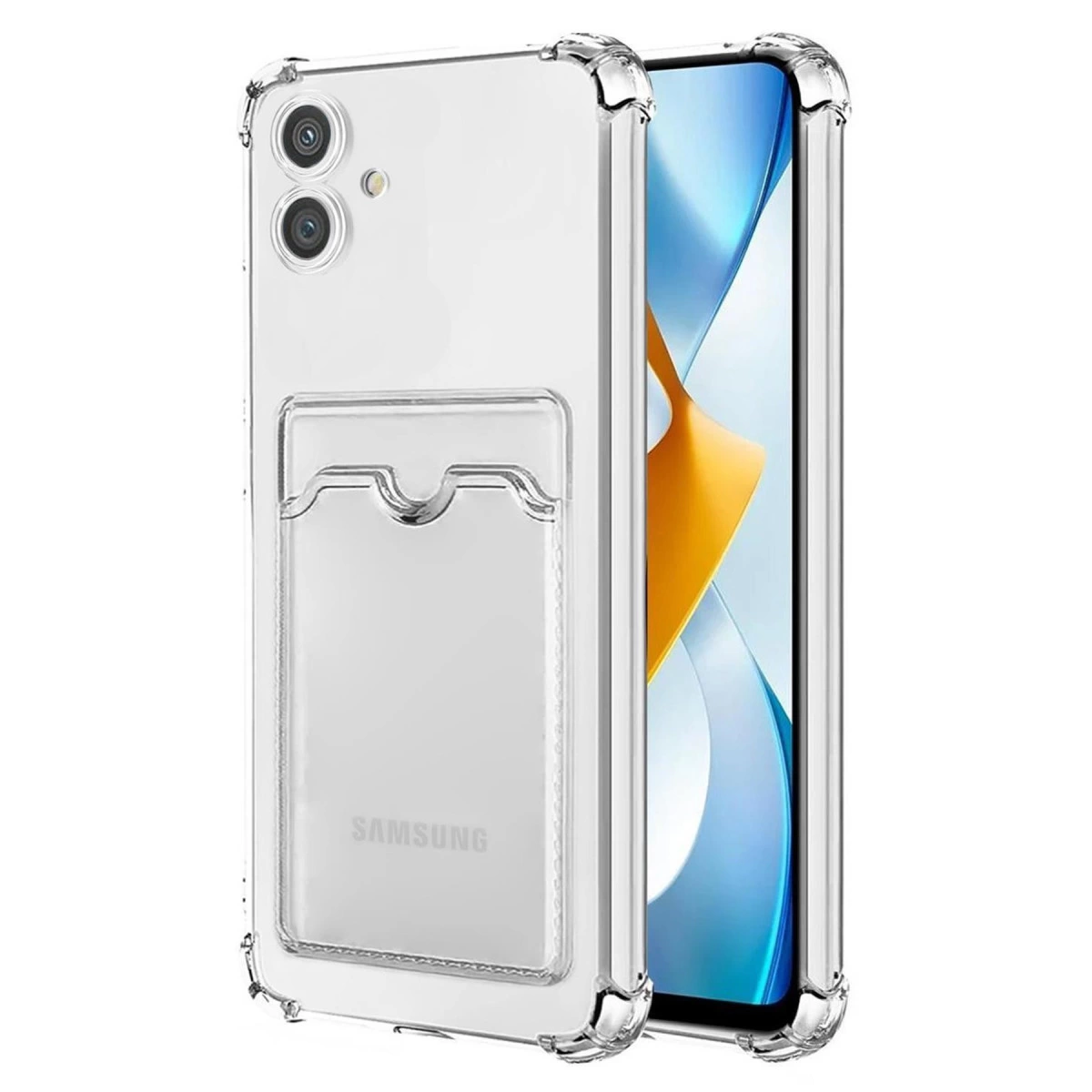 Kart yuvalı ve güçlendirilmiş köşeli şeffaf telefon kılıfı, ekranı gösteriyor.