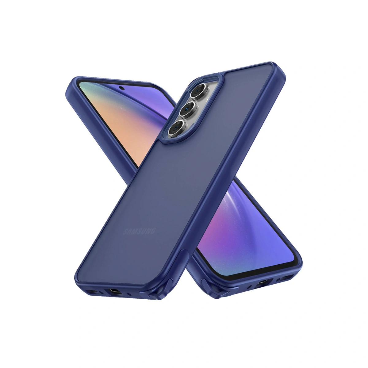 Üç kameralı iki koyu mavi telefon kılıfı üst üste gelmiş.