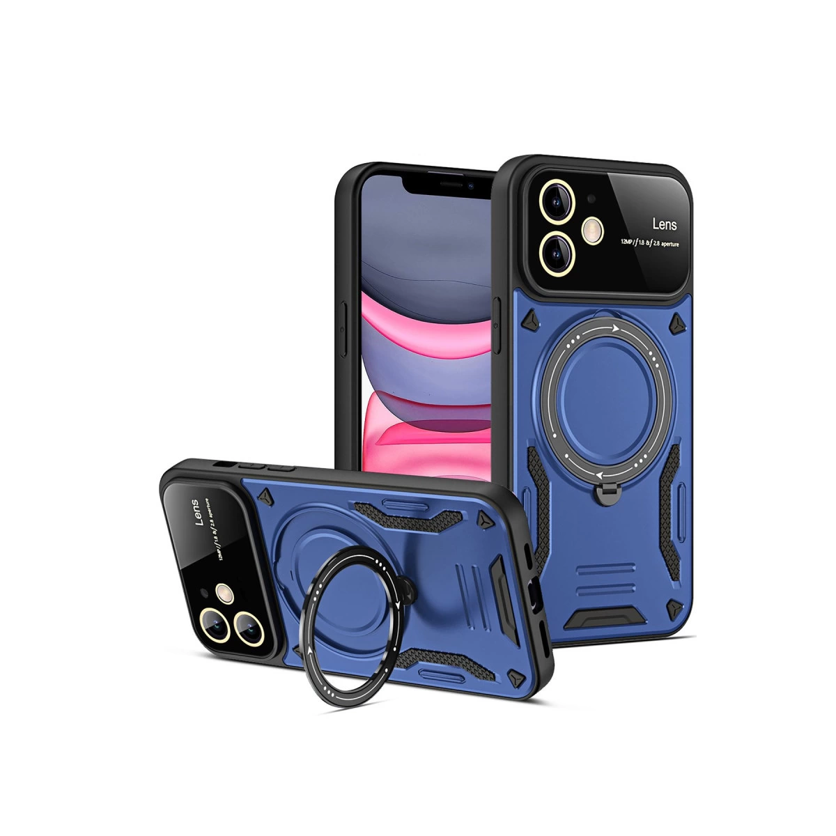 Halka tutuculu iki mavi telefon kılıfı, beyaz arka plan üzerinde.