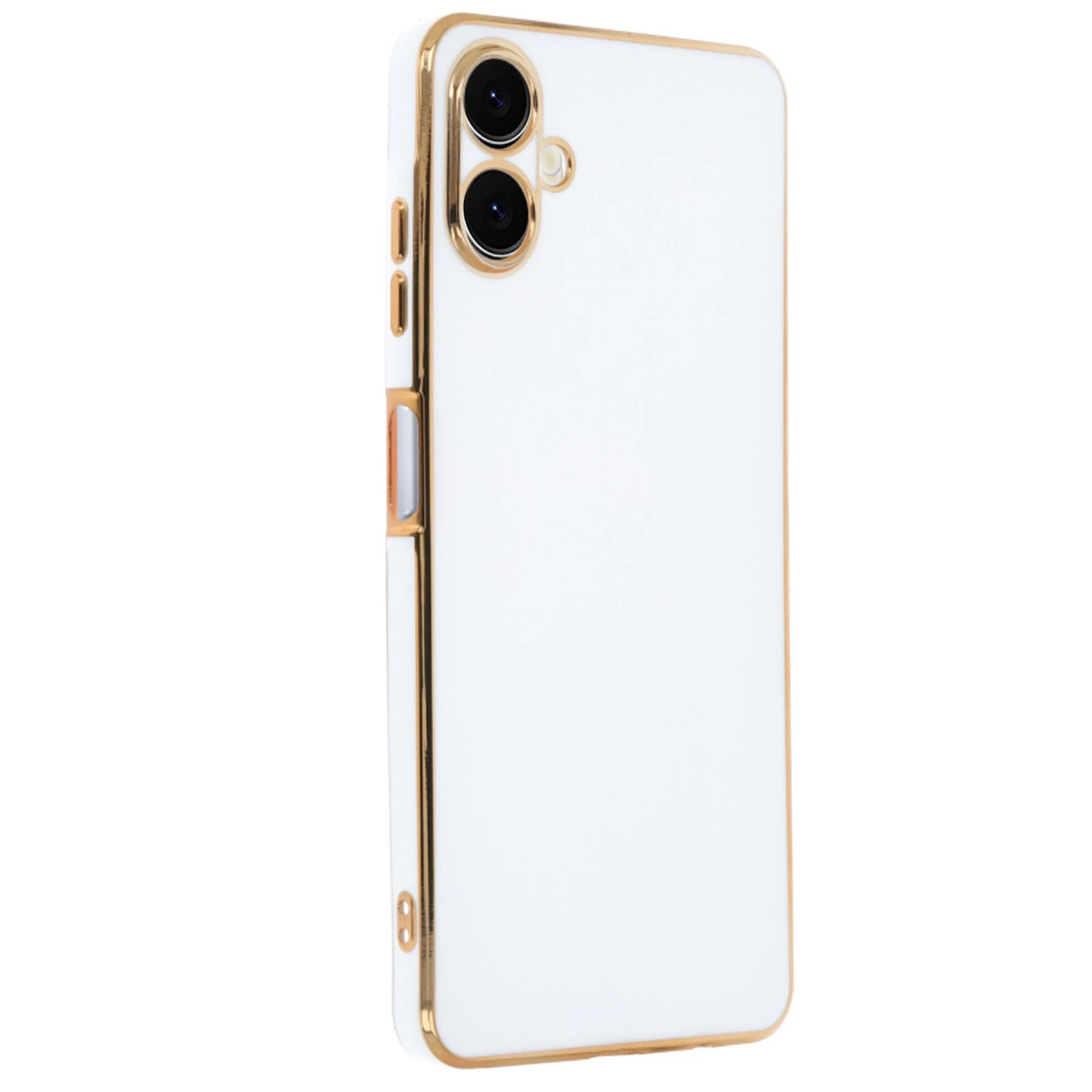 Altın çerçeveli, arkasında iki kamera lensi olan beyaz telefon kılıfı.